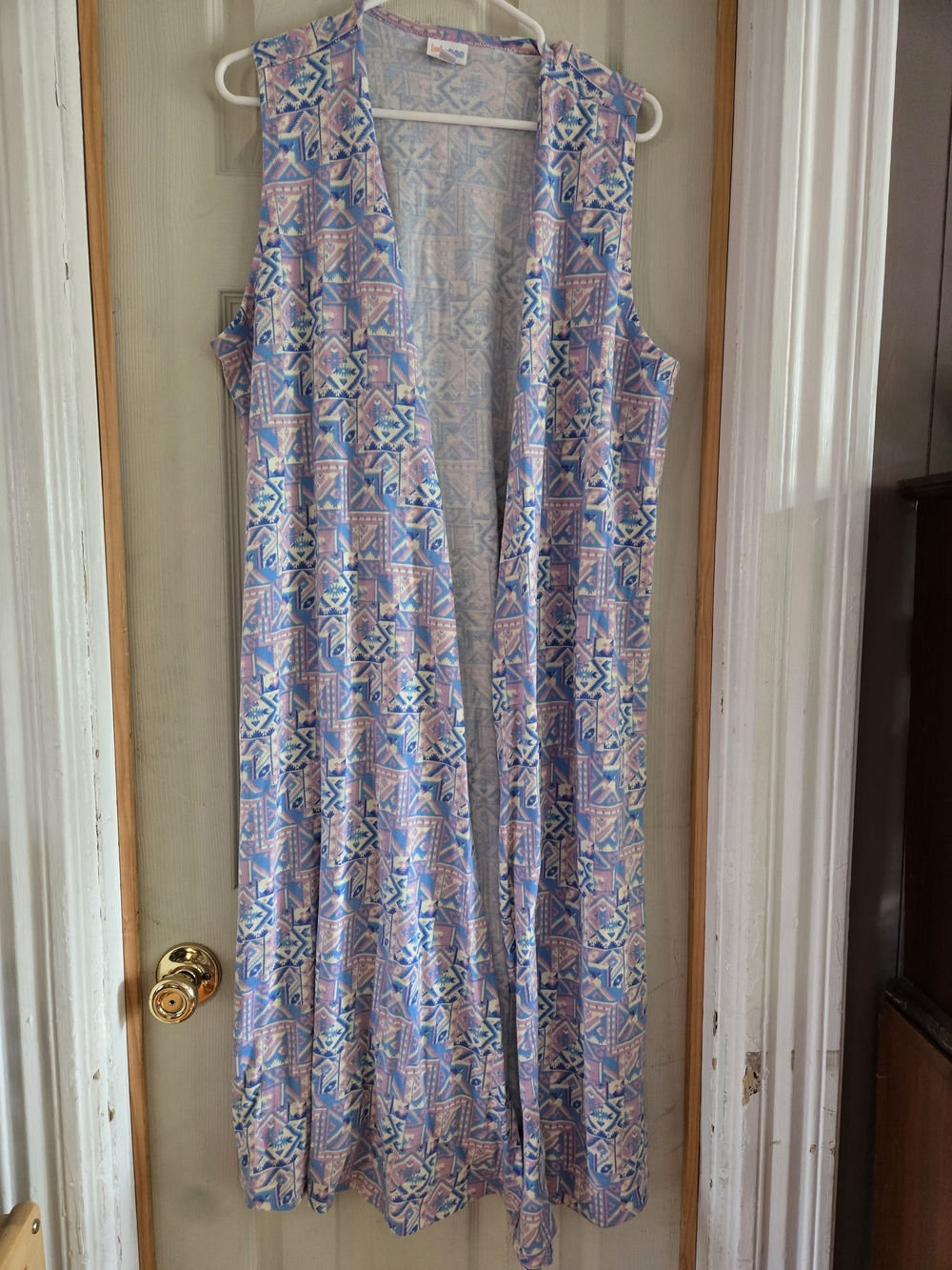 LuLaRoe Sleeveless Maxi Dress in Pastel Blue, Pink and Purple Geometric Print